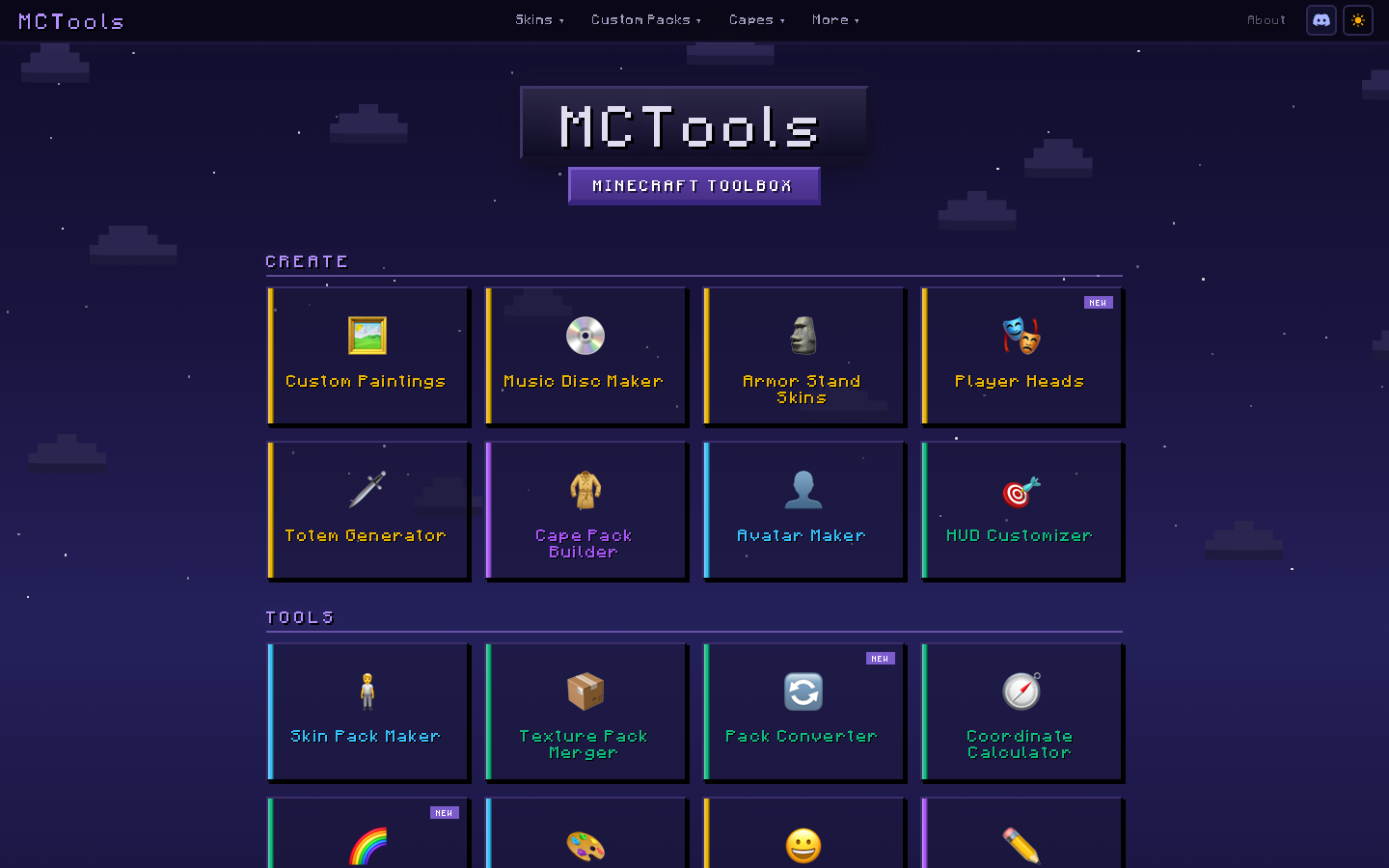 MC-Tools homepage — a grid of Minecraft tools